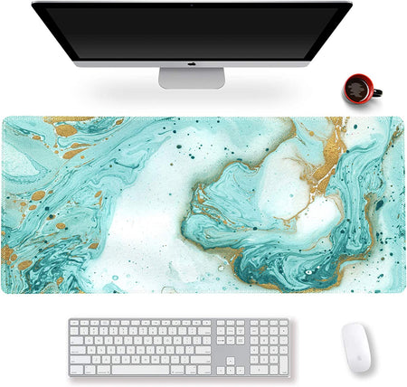 Extended Gaming Mouse Pad XXL Large Keyboard Mat Long Mousepad Desk Decor Writing Pad Non Slip Rubber Base Stitched Edges for Work, Game, Office, Home, 35.1 X 15.7 In, Teal Turqoise Marble